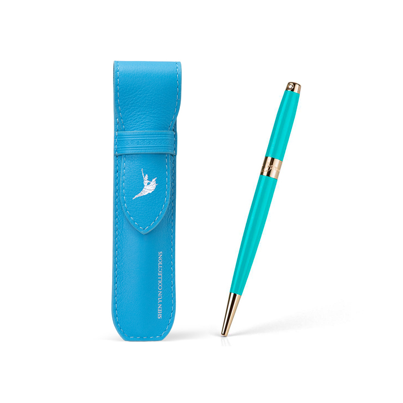 Content classical leather pen case skyblue and crystal ballpoint pen teal