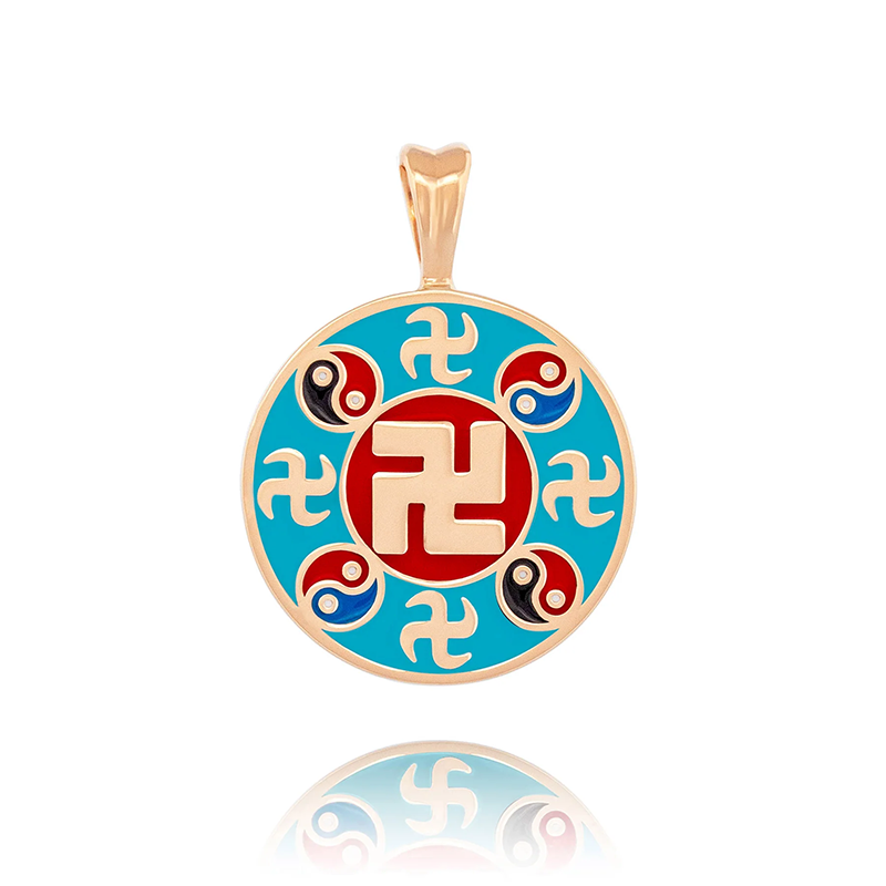 Content falun enamel pendant 18kt gold light blue front view. 800x800